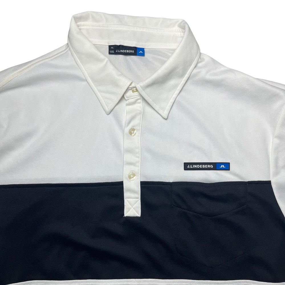 J.Lindeberg Polo Shirt Mens XL White Navy Blue Striped Colorblock Golf Top